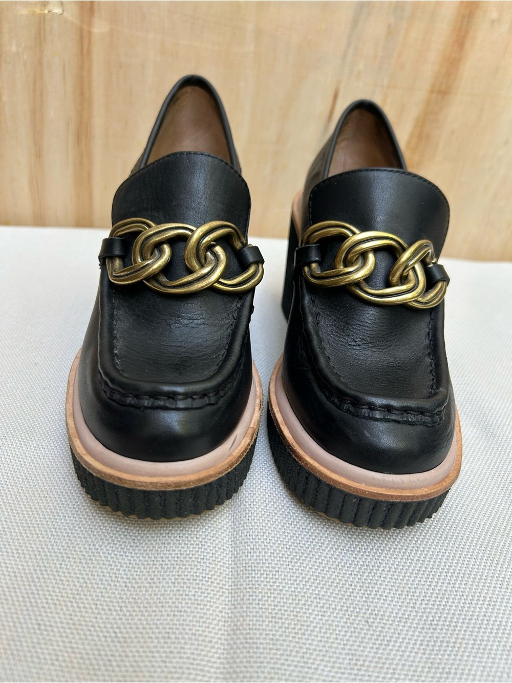 Dolce Vita Black Leather Loafers with Gold Chain Detail